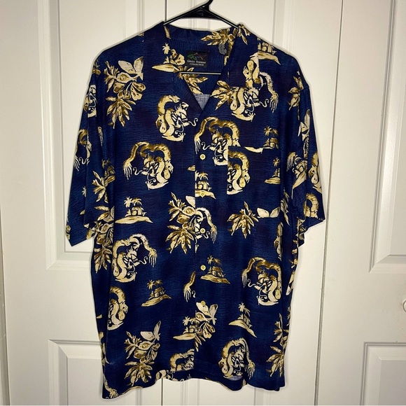 Greg Norman Navy Blue Linen Blend Button Up Size Large Tropical Short Sleeve - Picture 1 of 6